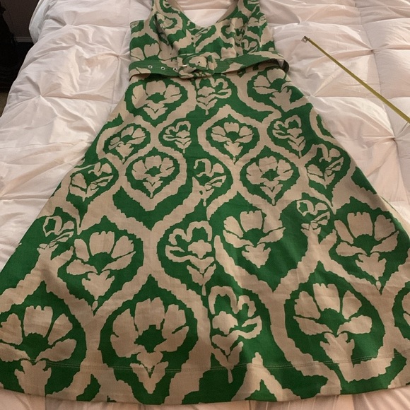 Green and Tan Linen Blend Belted Midi Dress - Picture 4 of 12